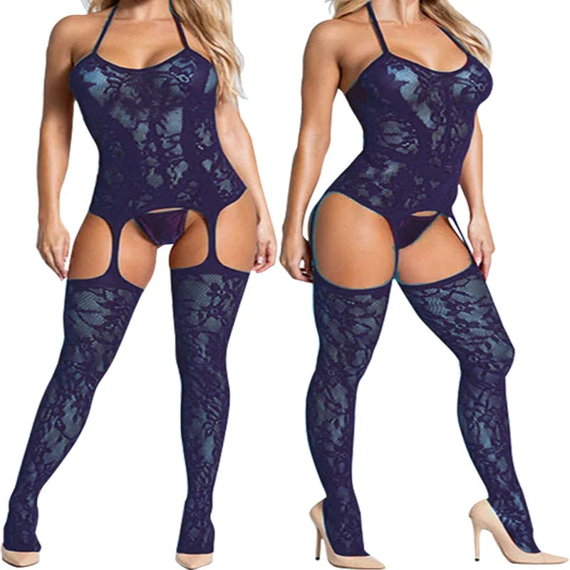 Summer Fashion Slim Teddy Bodysuits Women Sexy Bodycon Fishnet Hollow Rompers Stretch Mesh Sheer Halter O Neck Female Body Suits
