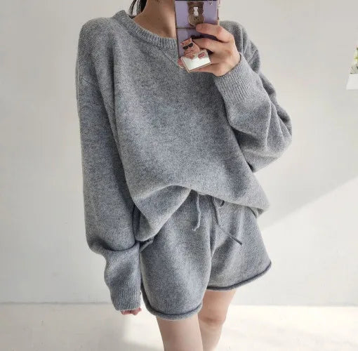 Korean Style Sweater Two 2 Piece Set Women Vintage Autumn Winter Pullover Knitted Tops + Casual Shorts 2 Piece Outfits Female