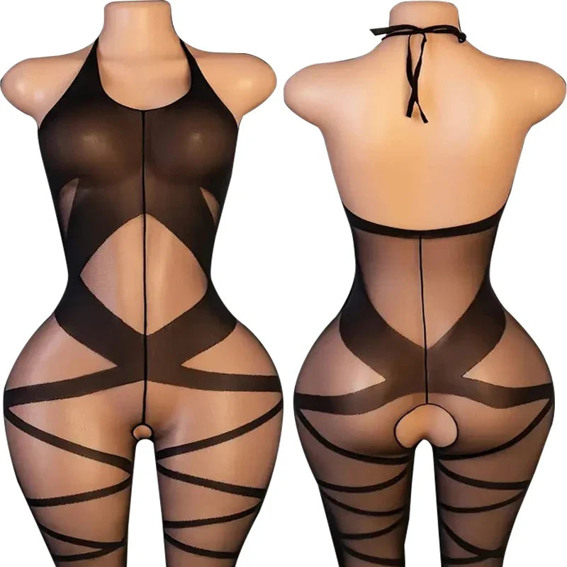 Summer Fashion Slim Teddy Bodysuits Women Sexy Bodycon Fishnet Hollow Rompers Stretch Mesh Sheer Halter O Neck Female Body Suits