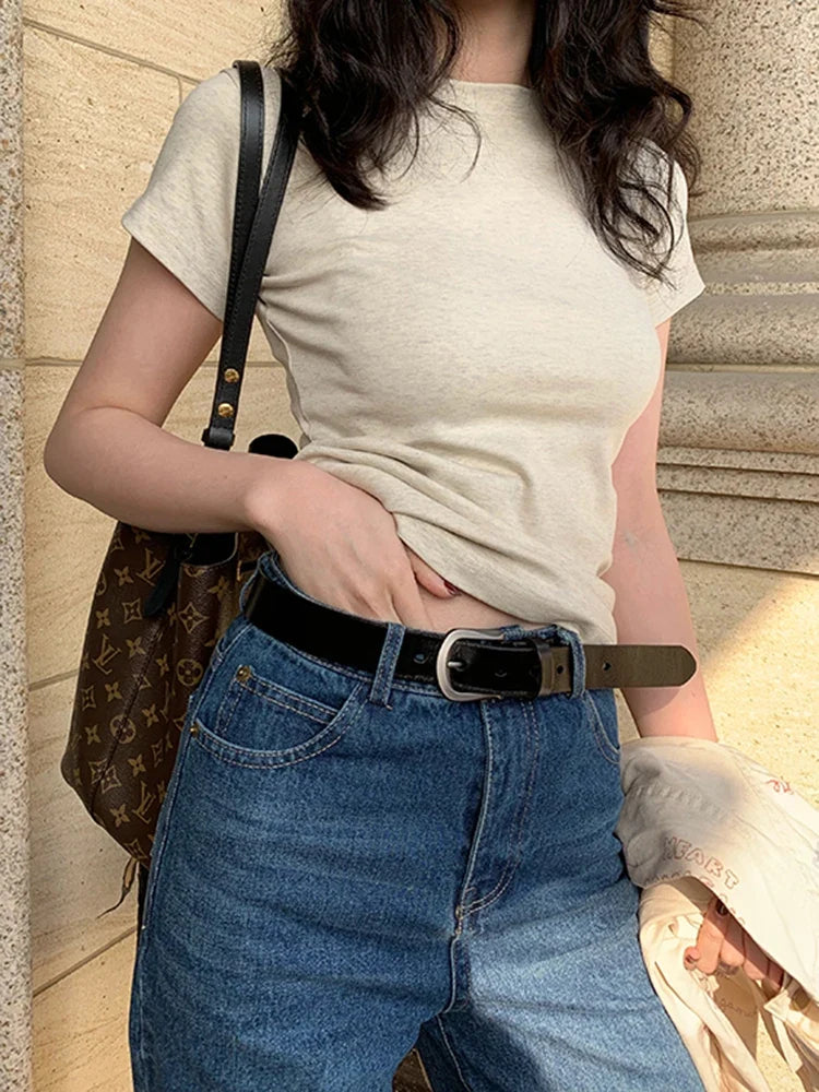 Solid Basic Short Sleeve T-shirts Women Casual Summer Simplicity Female Korean All-match Tops O-neck Black White Skinny Shirt