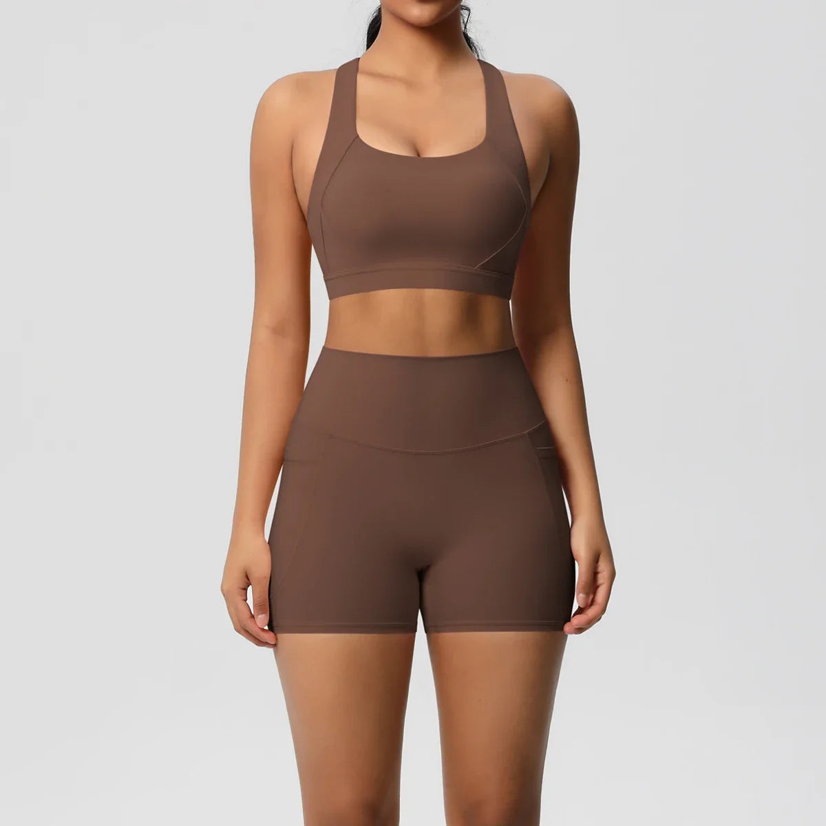 2PCS Sportswear With Pocketed Yoga Set Gym Clothes Yoga Suits For Women Tracksuits Sports Shorts Crossover Bra Gym Leggings