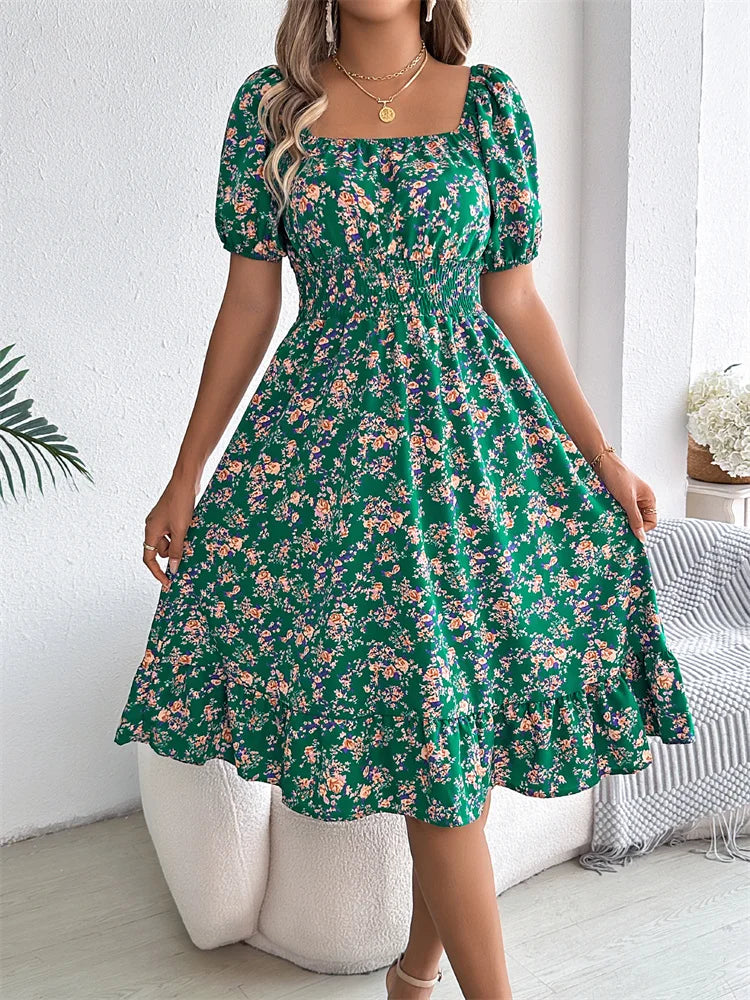 Msfilia Leisure Square Collar Spring Summer Dress Women Short Sleeve Loose Waist Design Lotus Leaf A-shaped Print Dress