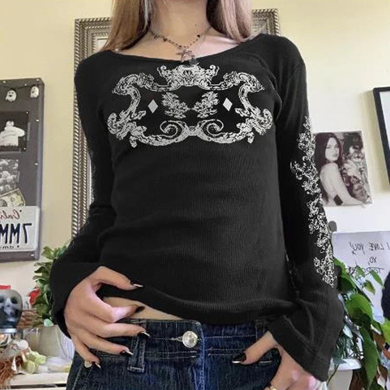 Y2K Grunge Cyber Mall Goth Thermal T-shirt Skulls Graphic Print Long Sleeve Pullovers Tops Women 90s Vintage Aesthetic Tees