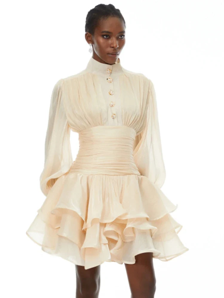 Solid Victorian-inspired Mini Dress Women Puff-sleeve Ruched Tiered Romantic Cottagecore Party Dresses 2026 Trendy Elegant Robe