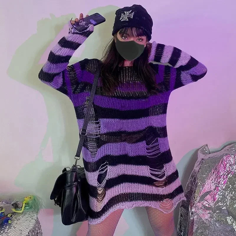 New Purple Striped Gothic Sweaters Women Ripped Holes Loose Knitted Pullover Frayed Fairy Grunge Jumpers Emo Streetwear Lolita