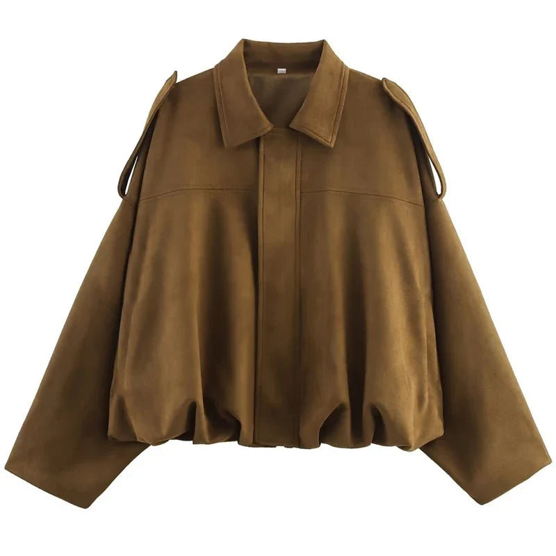 HXAO Women's Bomber Jacket Lapel Long Sleeve Zipper Suede Jacket Women 2025 High Street Cropped Racing Jackets Coats Outerwears