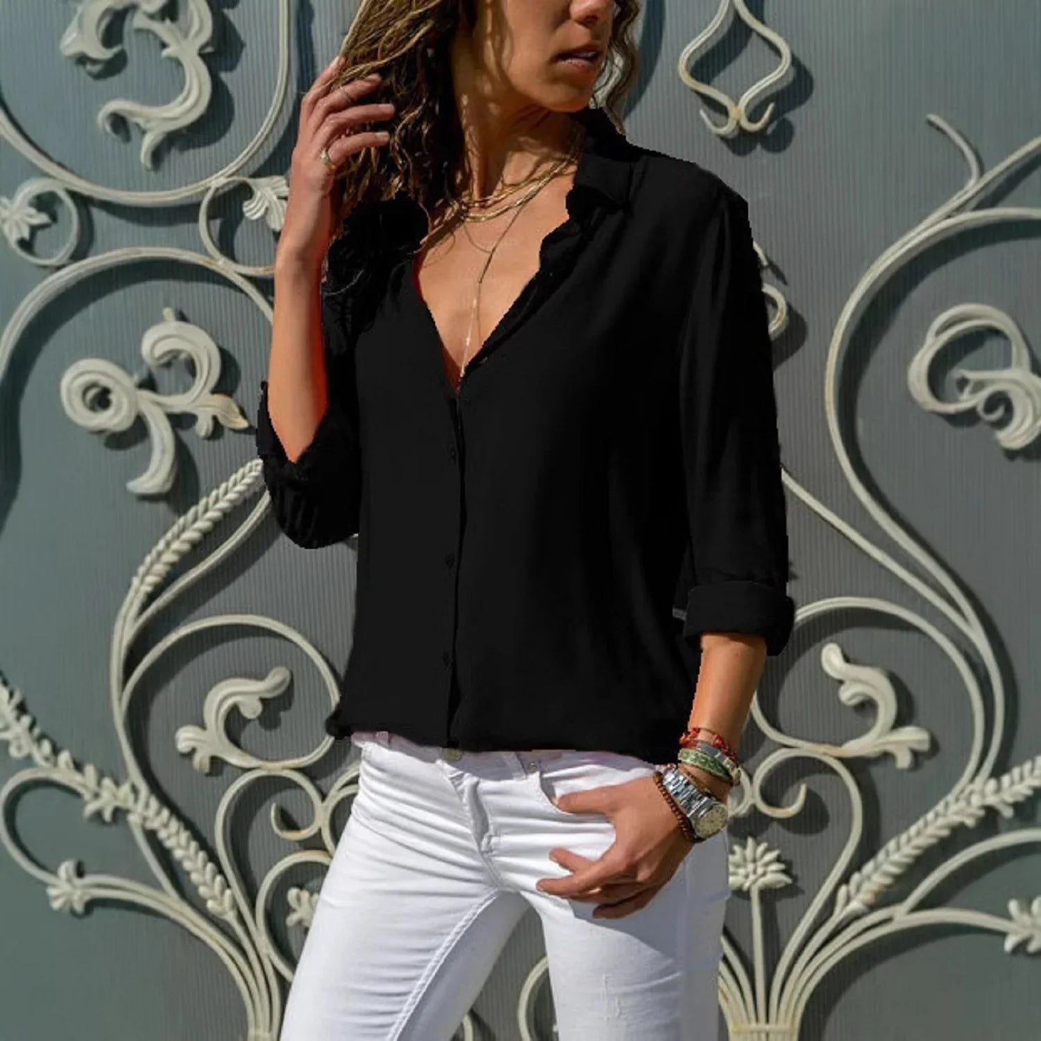 Women's summer outdoor long-sleeved lapel solid color versatile shirt fashion casual ladies single-breasted cardigan tops