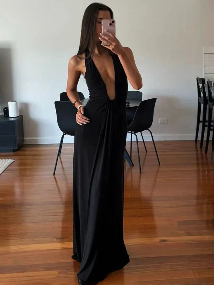 TARUXY Deep V Neck Halter Long Dress Female Elegant Ruched Ribbon Splice Summer New Vacation Dress Sexy Slim Sleeveless Vestido