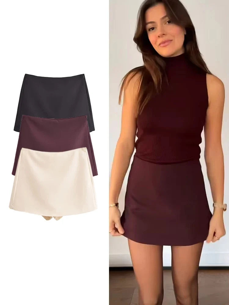 TFMLN New Spring Women Solid Skort Fashion Causal Side Zipper Mini Shorts Skirts Vintage High Waist Streetwear Shorts Skirts