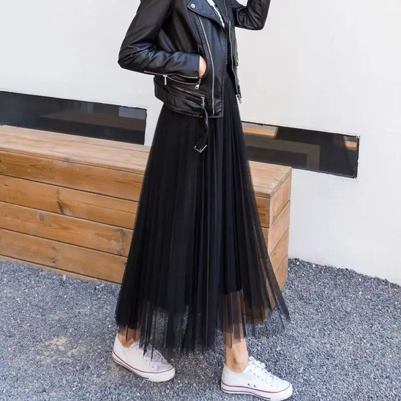 Vintage Tulle Skirt Women Streetwear Elastic High Waist Mesh Pleated Skirts Summer Elegant Korean A Line Office Ladies Skirt New