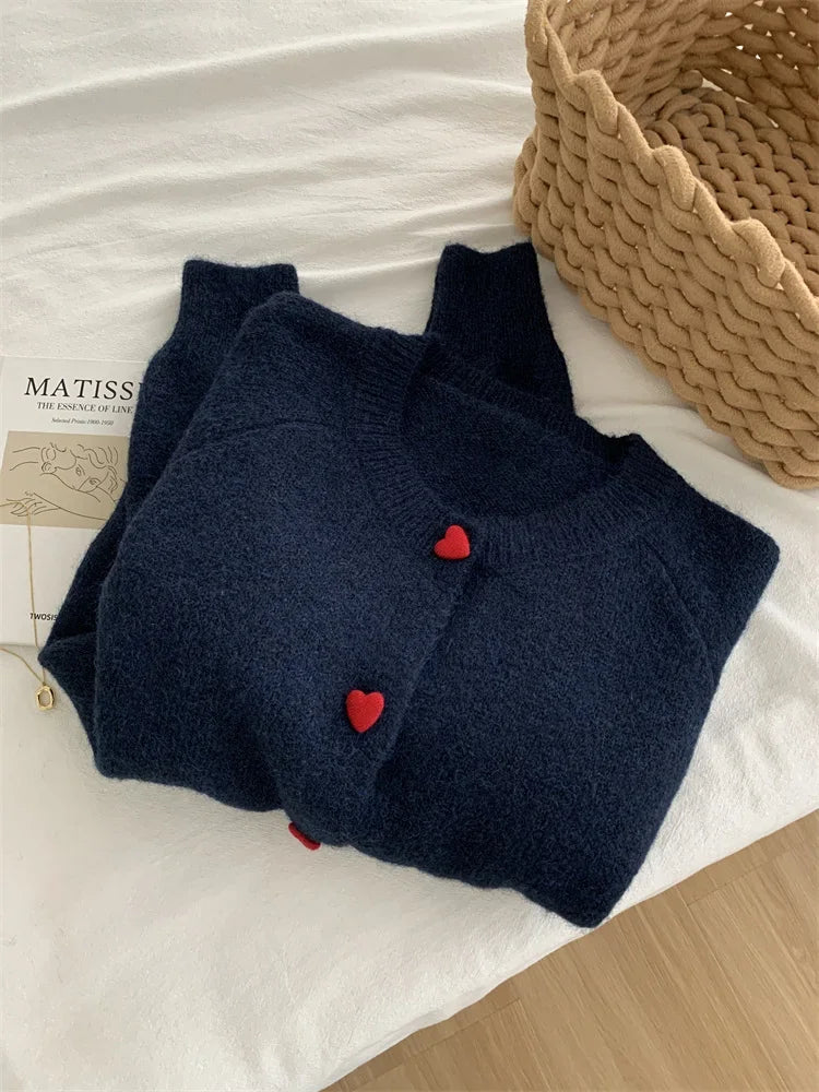 Deep Grey Wool Knitted Cardigan For Women 2026 Autumn Winter Soft And Sticky Warm Love Buckle Shoulder Sleeves