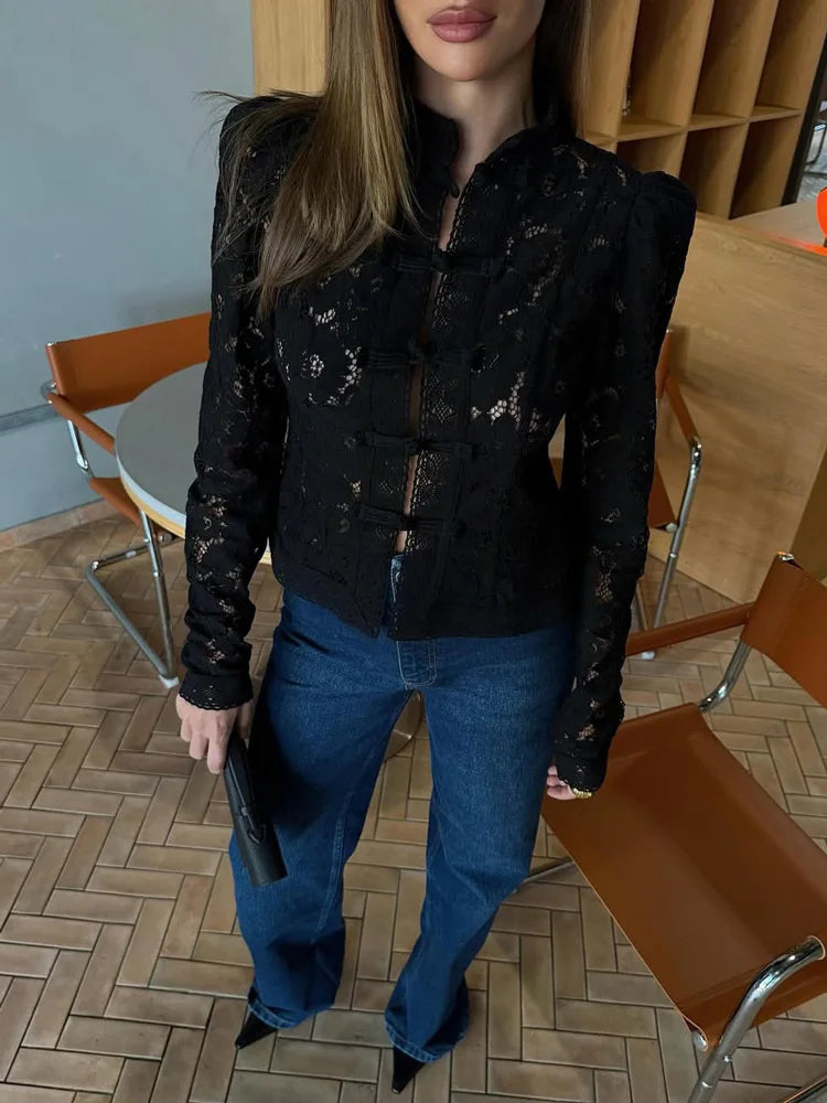 Tossy Summer Lace Printed Shirts Tops Female Hollow Out Fashion Commute Vintage See-Through Blouse Women's Lace Shrug Shirts New