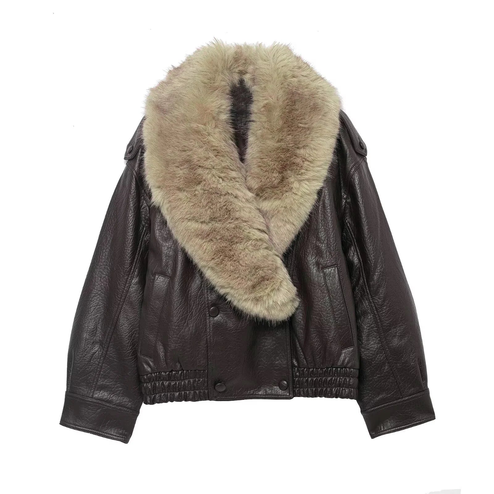 TFMLN 2025 Winter Women Loose Faux Leather Jacket Fashion Removed Big Fur Collar Causal Coat High Street Double Breasted Outwear