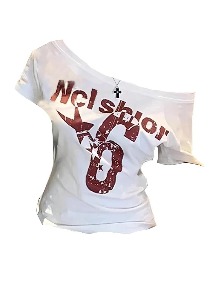 Y2k Sport Summer Off shoulder Top Women Sexy Vintage 2000s Short sleeve T shirt  Lady Body Basic Crop Top Female Casual