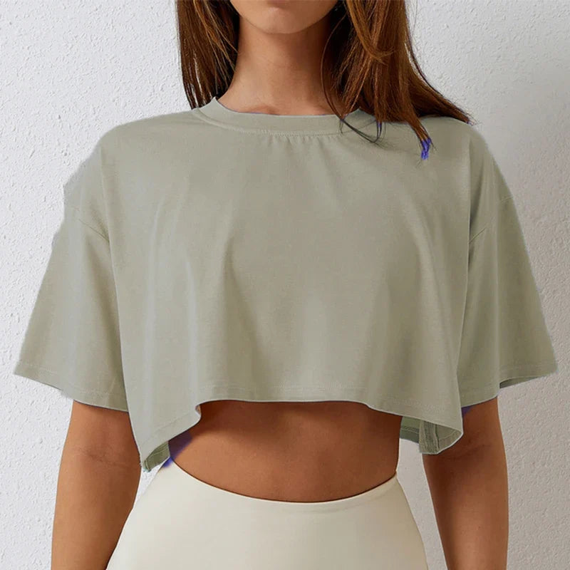 Cotton Women Short Sleeve Dance Running Clothes Yoga Fitness Crop Top  Navel Baring New Sport T-shirt Loose Gym Workout Shirts