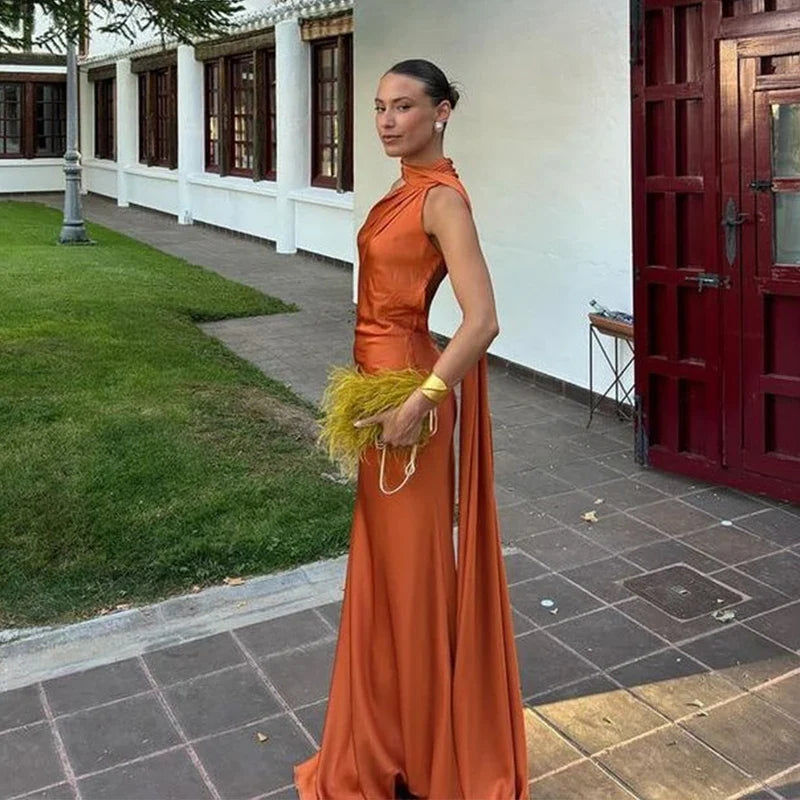 Elegant Women's Ribbon Long Satin Party Dress Halter Backless Sleeveless Female Dresses 2026 Summer Lady Solid Evening Gowns