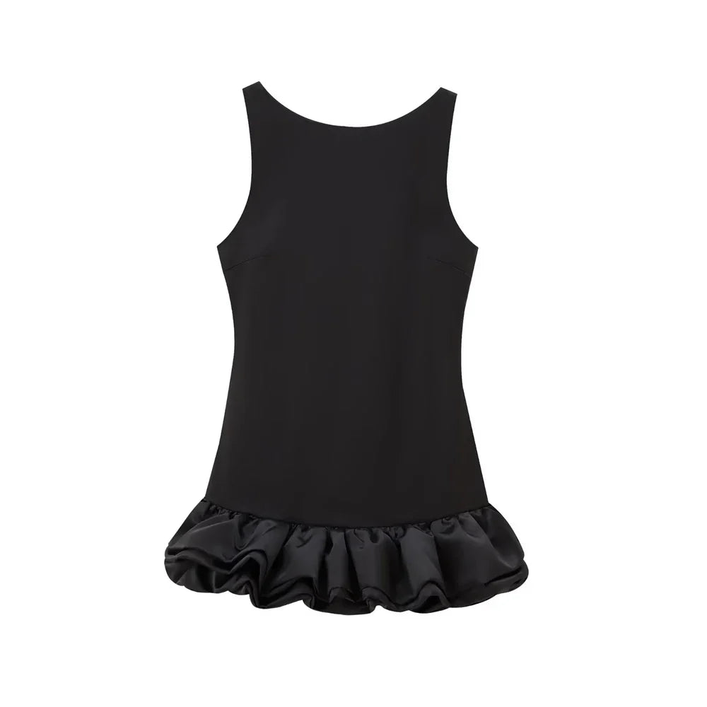 Women's Patchwork Voluminous Mini Dress, O-Neck, Backless With Zipper, Female Dresses, Sexy Fashion