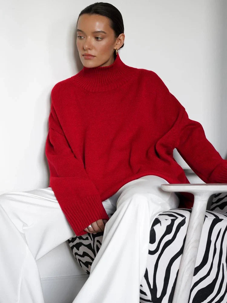 Autumn Women's Knitted Sweater Oversize High Collar Yellow Vintage Pullover Soft Winter Warm Vintage Red Sweaters for Women