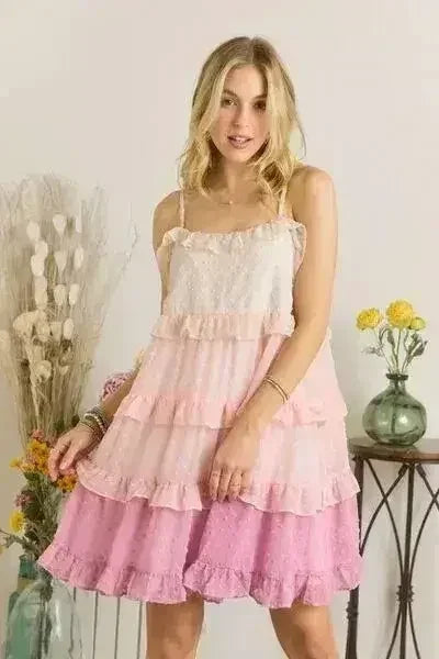 Swiss Dot Ruffled Tiered Lined Mini Dress | Femstylo