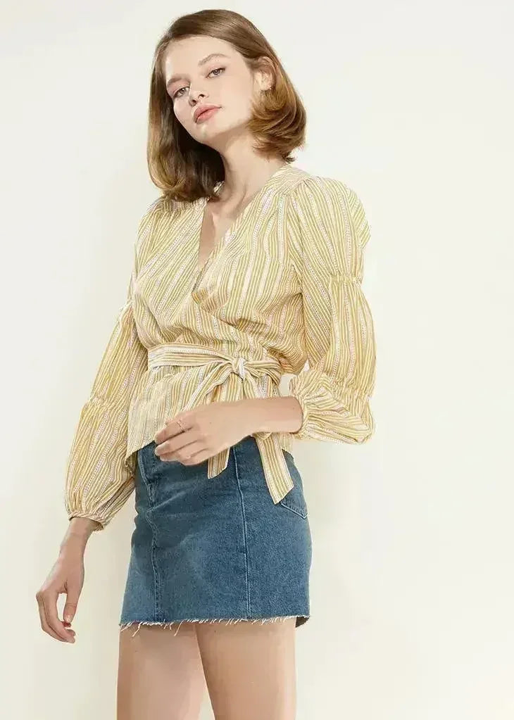 Smocked Sleeve Stripe Wrap V-Neck Blouse in Yellow | Femstylo