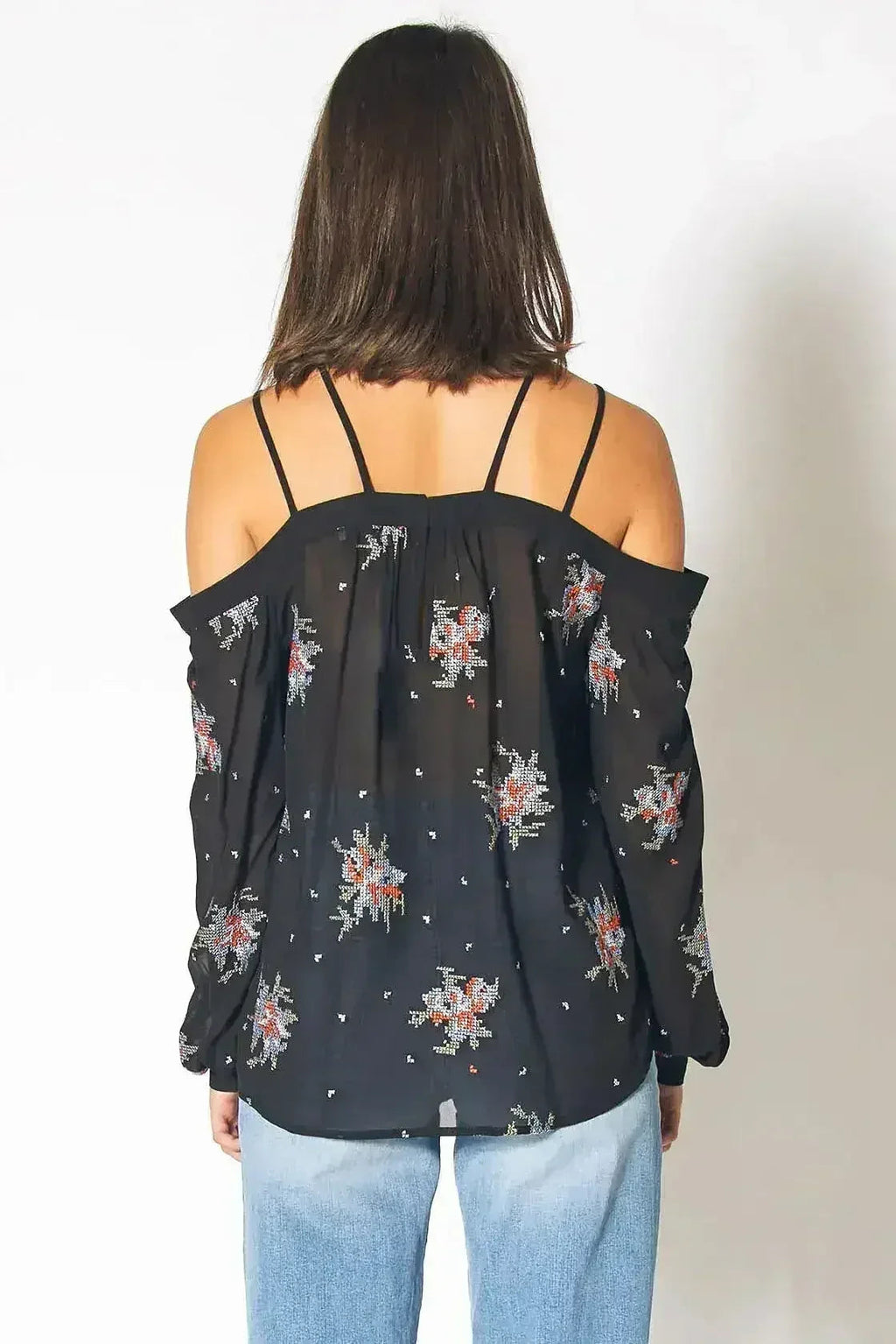 Off Shoulder Embroidery Print Blouse in Black | Femstylo