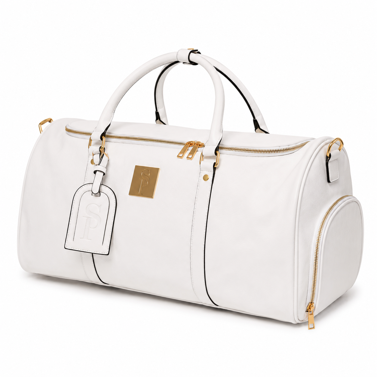 White Leather Weekender Duffle Bag