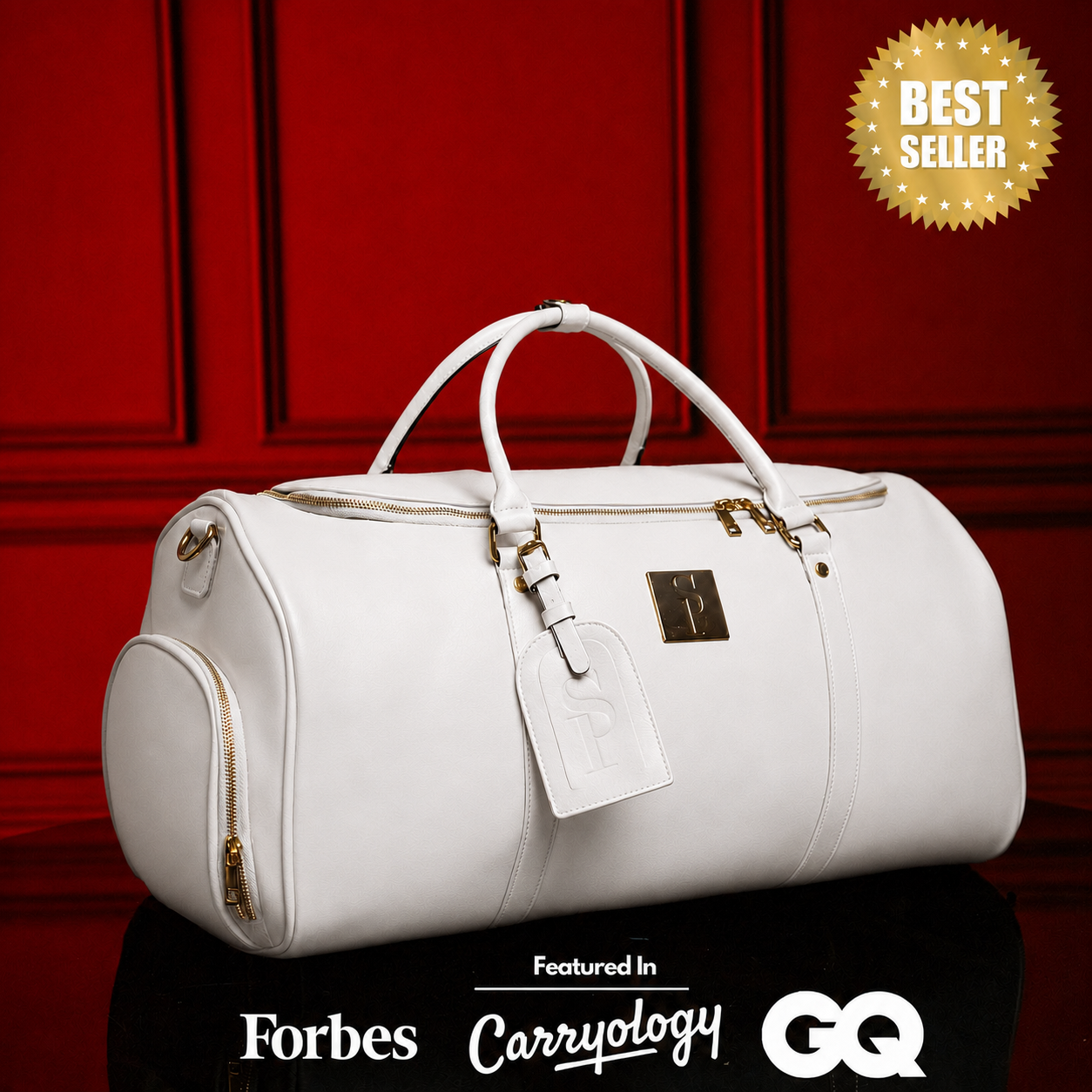 White Leather Weekender Duffle Bag