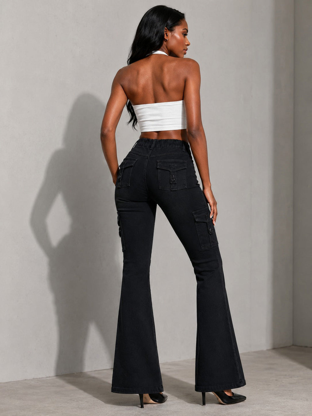 Women's High-quality Stretch Vintage Washed Cargo Flare Jeans, Y2K Style, Casual And Versatile, Suitable For All Seasons