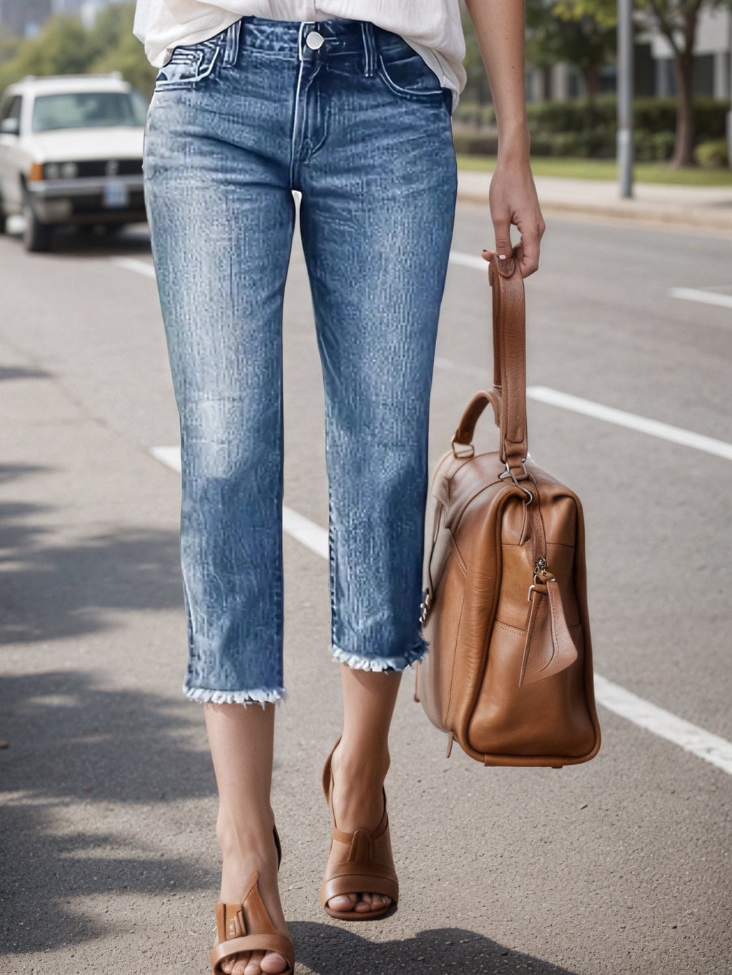 Women's Jeans With Fringe Hem, Built-in Zipper Closure, Straight Cut, Women's Cropped Jeans