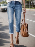 Women's Jeans With Fringe Hem, Built-in Zipper Closure, Straight Cut, Women's Cropped Jeans