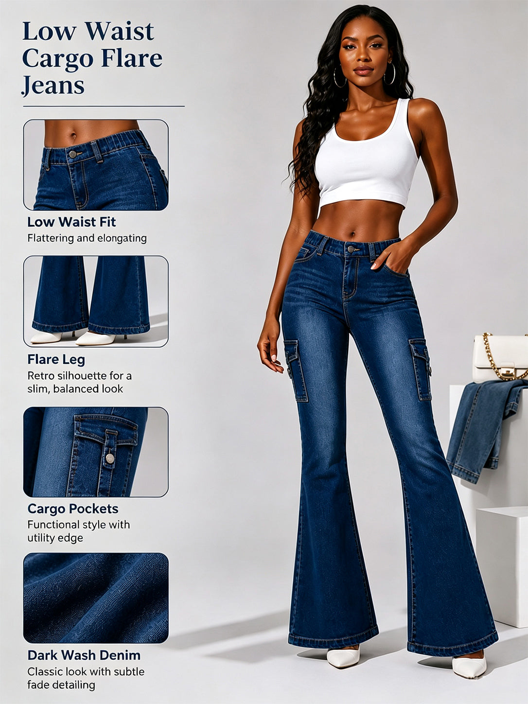 Women's High-quality Stretch Vintage Washed Cargo Flare Jeans, Y2K Style, Casual And Versatile, Suitable For All Seasons