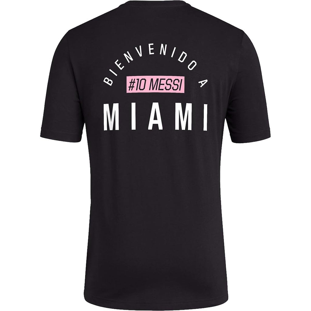 adidas Mens Soccer Messi X Miami Bienvenido a Miami Tee - Classic Relax Fit with Messi Graphic Logo and #10 Available in Black & White (Small Black)