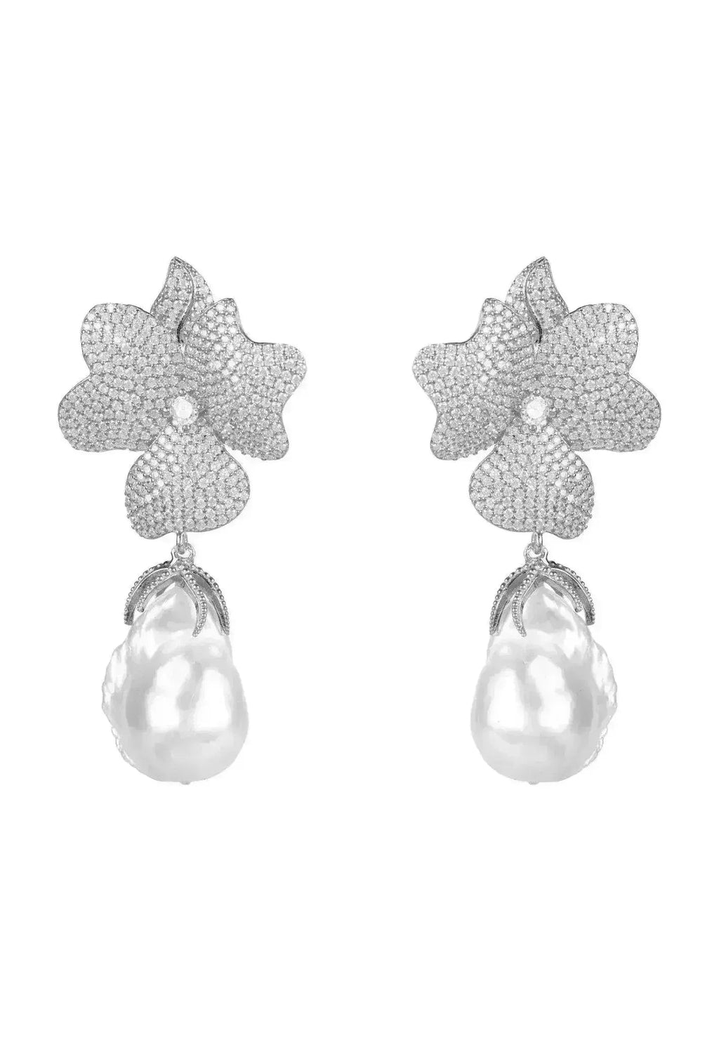 Baroque Pearl Flower Drop Earrings | Wedding Sterling Silver - Femstylo