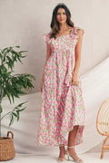 Pink Floral Print Square Neck Ruffled Strap Maxi Dress
