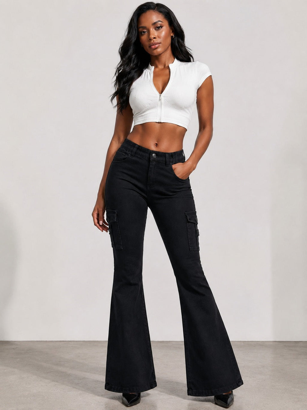 Women's High-quality Stretch Vintage Washed Cargo Flare Jeans, Y2K Style, Casual And Versatile, Suitable For All Seasons