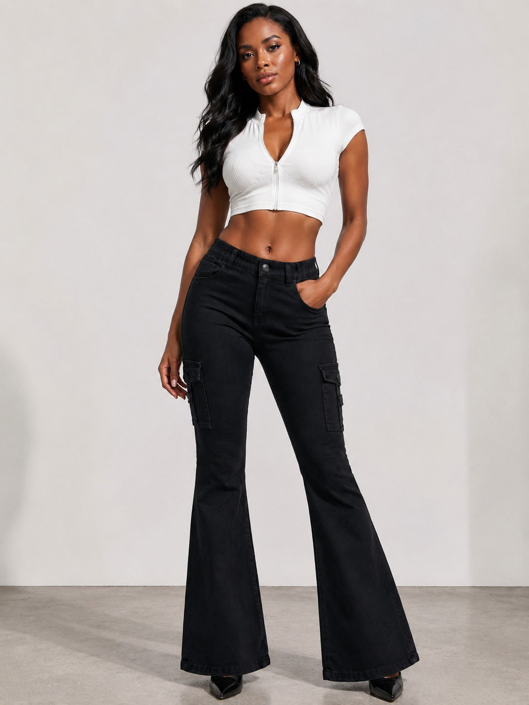 Women's High-quality Stretch Vintage Washed Cargo Flare Jeans, Y2K Style, Casual And Versatile, Suitable For All Seasons
