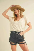 Side Slit V-Neck T-Shirt - Rolled Sleeve Casual Top | Femstylo