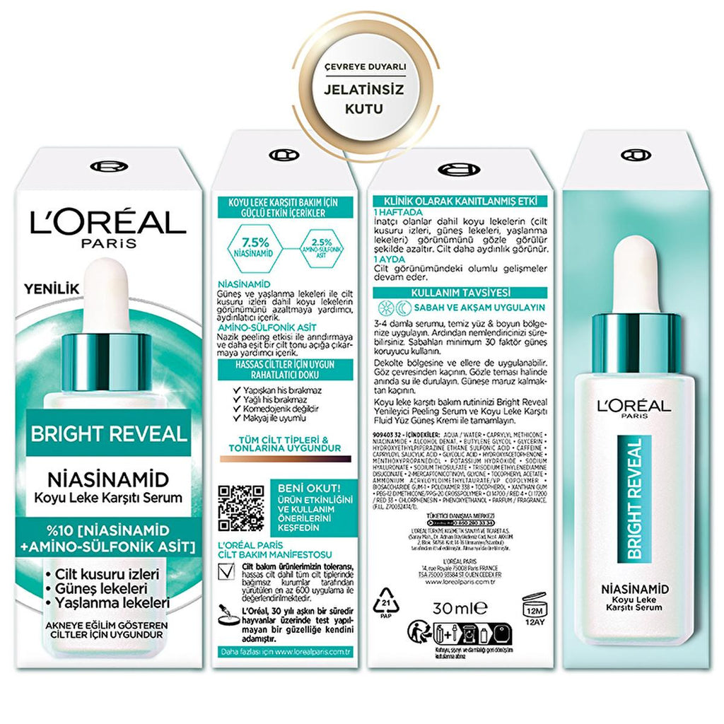 L'Oreal Paris Bright Reveal Dark Spot Correcting Niacinamide Serum: Fade Acne Marks, Sun Spots & Age Spots for Radiant Skin