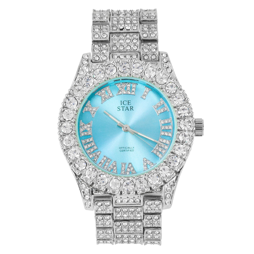 Techno Pave Womens 44mm Iced Solitaire Bezel Watch - Silver Plated with Blue Roman Dial