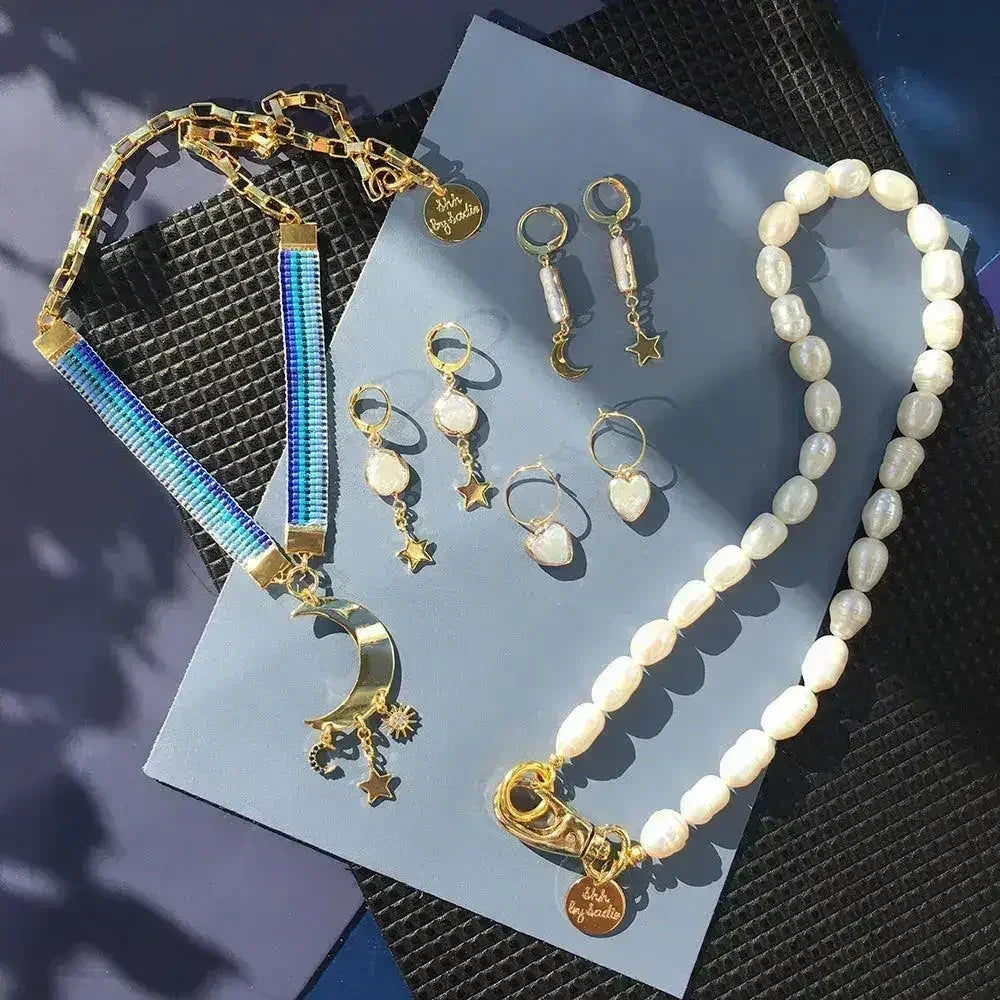Crystal Moon Earrings | Turquoise Moon & Heart Charm Hoops - Femstylo