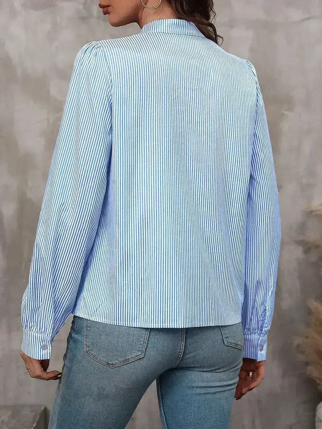 Striped Tie Neck Long Sleeve Blouse – Femstylo