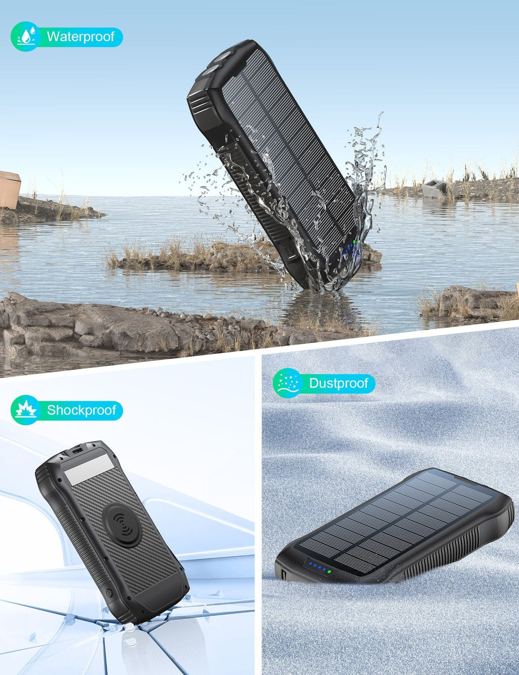 Portable Charger, Solar Power Bank 33500mAh Fast Charging, Solar Battery Pack with Waterproof 6W Bright Flashlight for iPhone S amsung Tablet