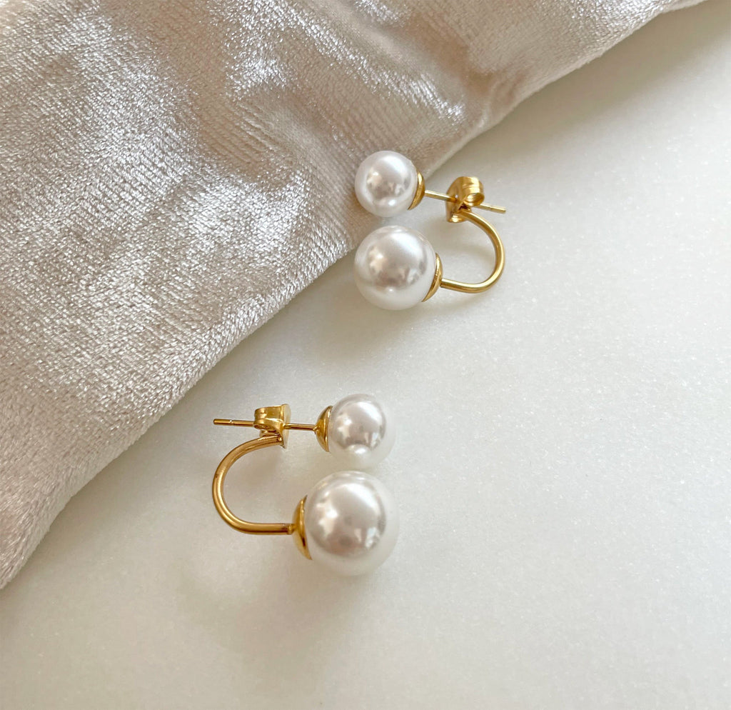 DION DOUBLE PEARL EAR JACKET STUD EARRINGS