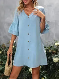 V-Neck Mini Dress – Ruffled Detail & Decorative Buttons