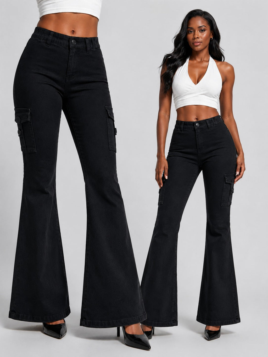 Women's High-quality Stretch Vintage Washed Cargo Flare Jeans, Y2K Style, Casual And Versatile, Suitable For All Seasons