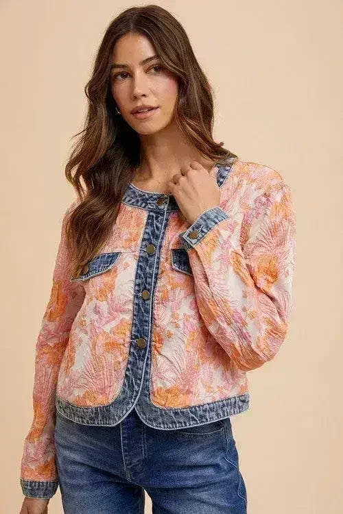 Floral Jacquard Denim Jacket - Contrast Button Down | Femstylo