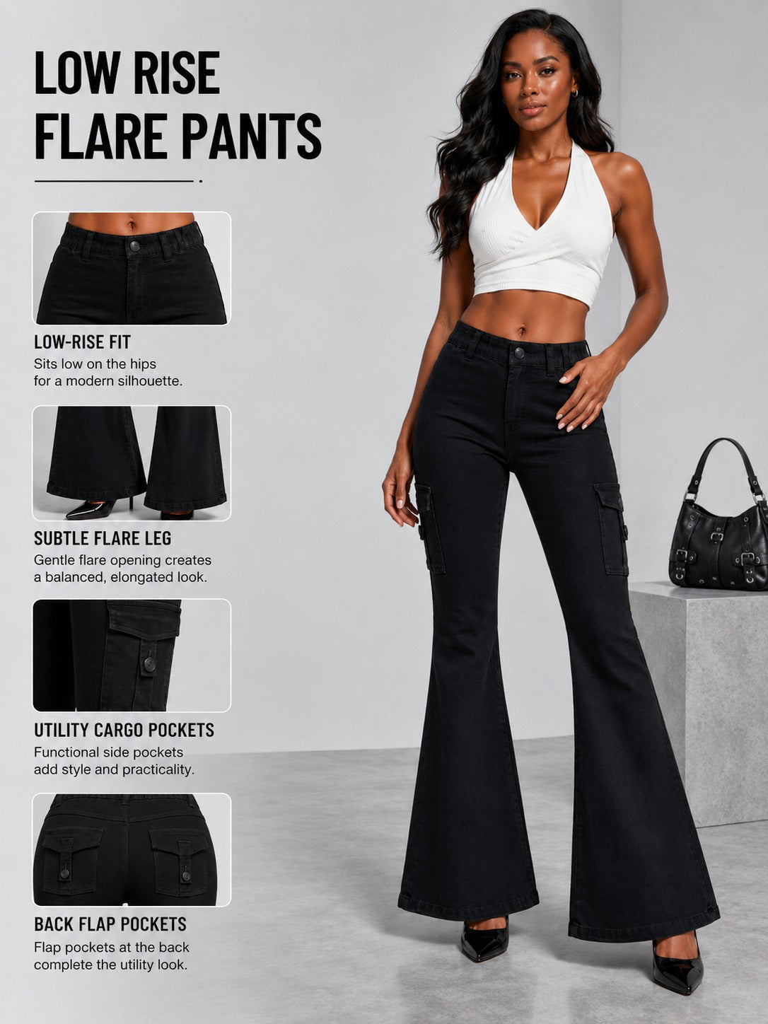 Women's High-quality Stretch Vintage Washed Cargo Flare Jeans, Y2K Style, Casual And Versatile, Suitable For All Seasons