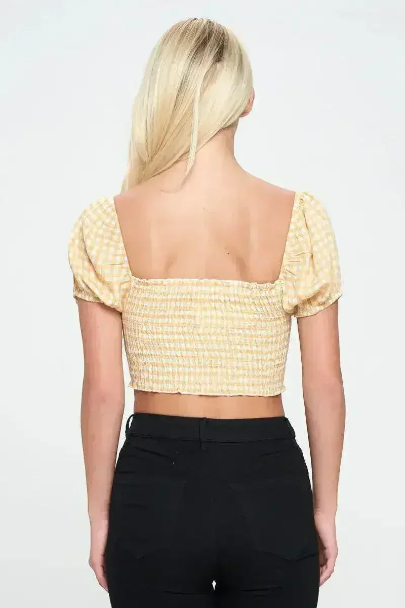 Gingham Smocked Crop Top with Puff Sleeves - Cute | Femstylo