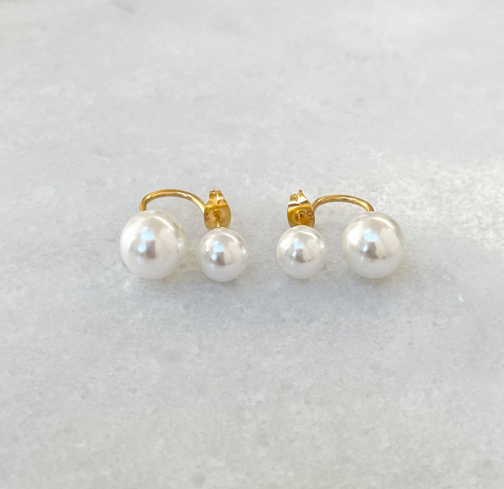 DION DOUBLE PEARL EAR JACKET STUD EARRINGS