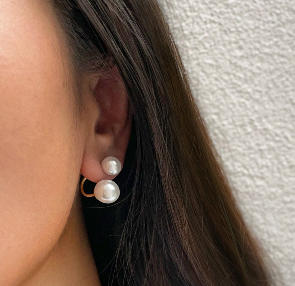 DION DOUBLE PEARL EAR JACKET STUD EARRINGS
